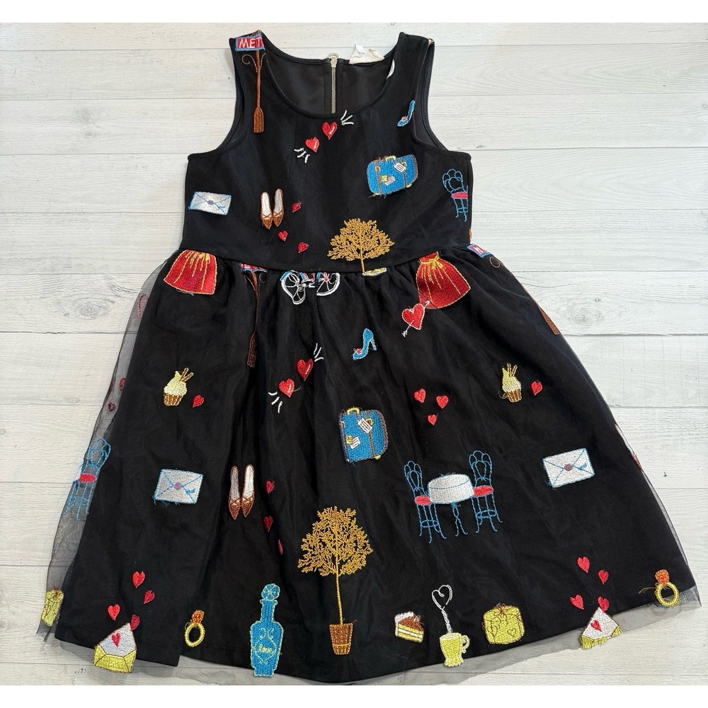 Hannah Banana black tulle dress with embroidered  Paris travel size 8‎